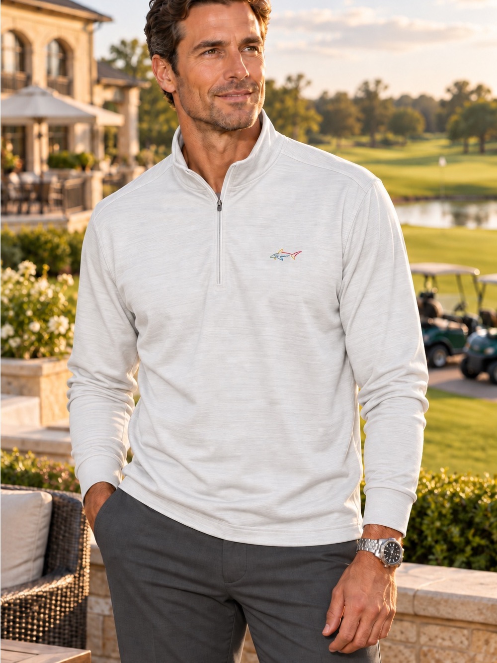 Greg Norman Men’s XL Beige Quarter Zip Pullover Shark Logo Golf Mock Neck EUC